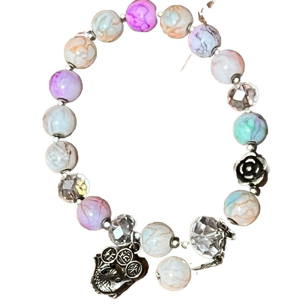 Bead Bracelet Koi Fish Luck Prosperity Wealth Charm Pink Blue‎ Cream Stretch New